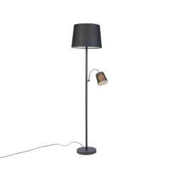 QAZQA Klassieke Vloerlamp Zwart Met Zwarte Kap En Leeslampje - Retro