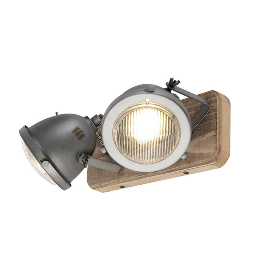 QAZQA Industriële Spot Staal Met Hout Kantelbaar 2-lichts - Emado - Afbeelding 2