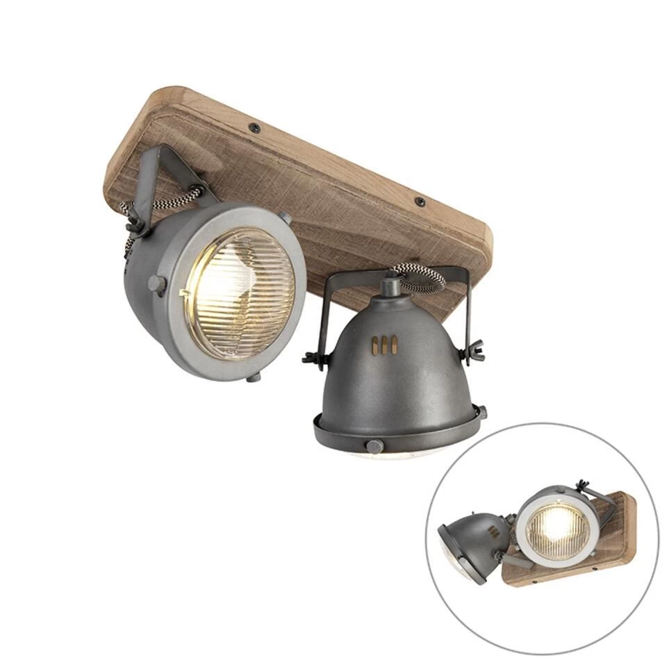 QAZQA Industriële Spot Staal Met Hout Kantelbaar 2-lichts - Emado