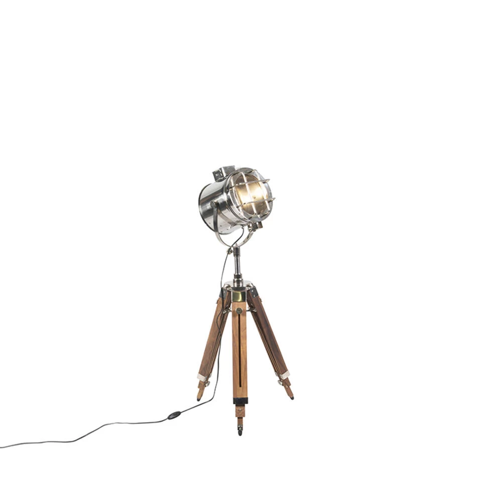 QAZQA Tripod Vloerlamp Staal Met Hout Studiospot - Shiny - Afbeelding 2