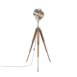 QAZQA Tripod Vloerlamp Staal Met Hout Studiospot - Shiny