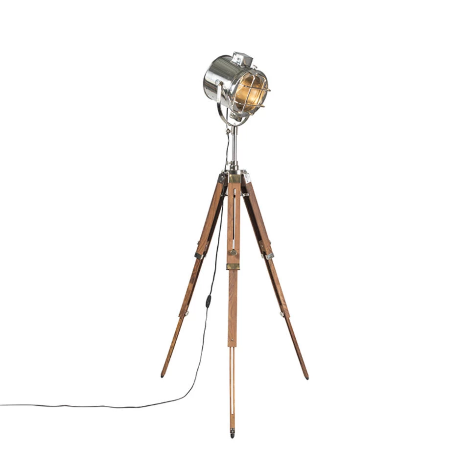 QAZQA Tripod Vloerlamp Staal Met Hout Studiospot - Shiny
