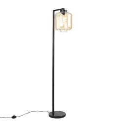 QAZQA Design Vloerlamp Zwart Met Amber Glas - Qara Down