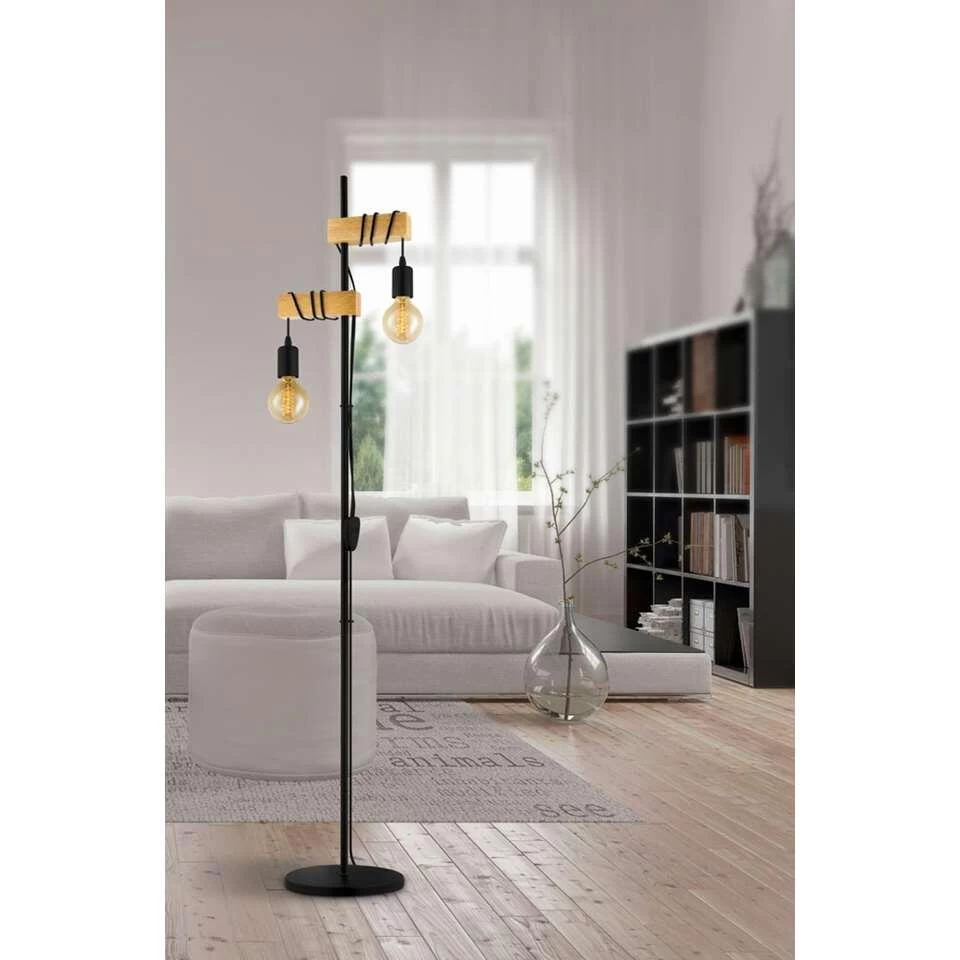 EGLO Vloerlamp Townshend 2-lichts - Eikenhout/zwart - Afbeelding 2